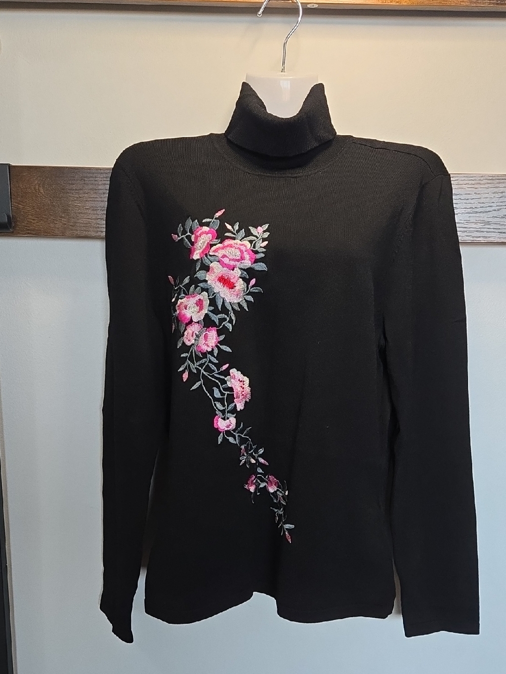 Black Turtleneck Sweater with Pink Floral Embroidery